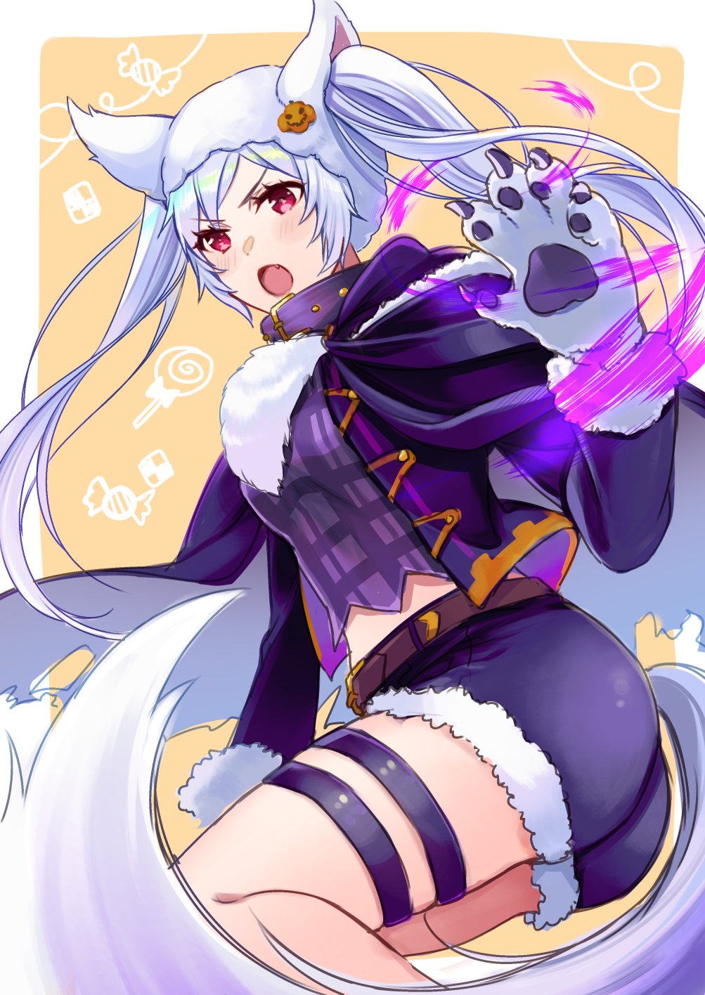 1girl animal_ears belt fake_animal_ears fire_emblem fire_emblem_awakening fire_emblem_heroes fur_trim gloves grima_(fire_emblem) halloween_costume highres ichino_tomizuki long_sleeves open_mouth paw_gloves paws red_eyes robin_(fire_emblem) robin_(fire_emblem)_(female) shorts solo tail thigh_strap twintails white_hair wolf_ears wolf_tail