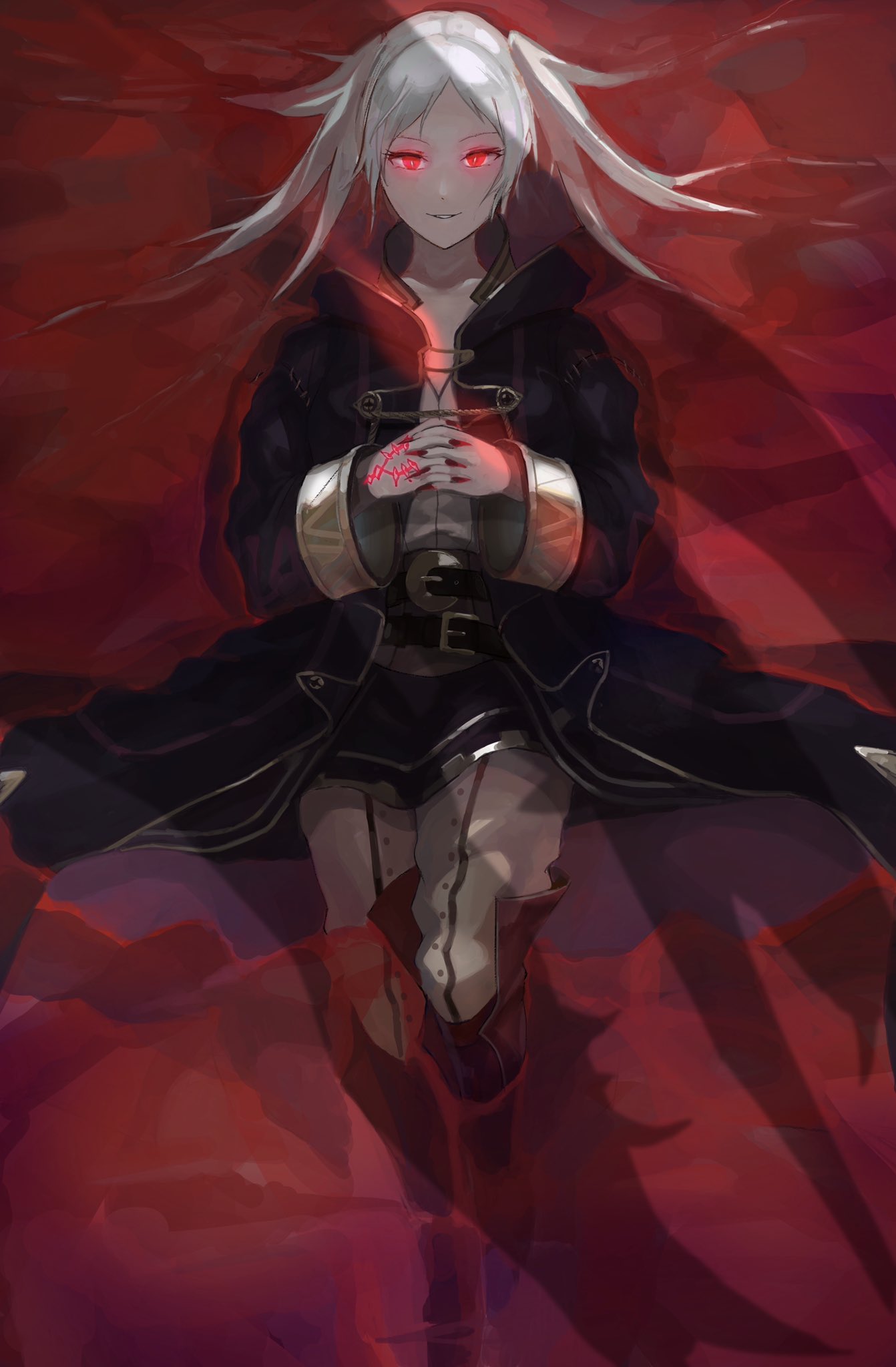 1girl bright_pupils cloak collarbone dark_persona fingernails fire_emblem fire_emblem_awakening gimkamres04 glowing glowing_eyes grima_(fire_emblem) hand_tattoo hands_together highres hood hood_down hooded_cloak interlocked_fingers liquid long_hair long_sleeves looking_at_viewer lying on_back own_hands_together partially_submerged red_eyes red_nails robe robin_(fire_emblem) robin_(fire_emblem)_(female) sharp_fingernails sidelocks silver_hair slit_pupils smile solo twintails