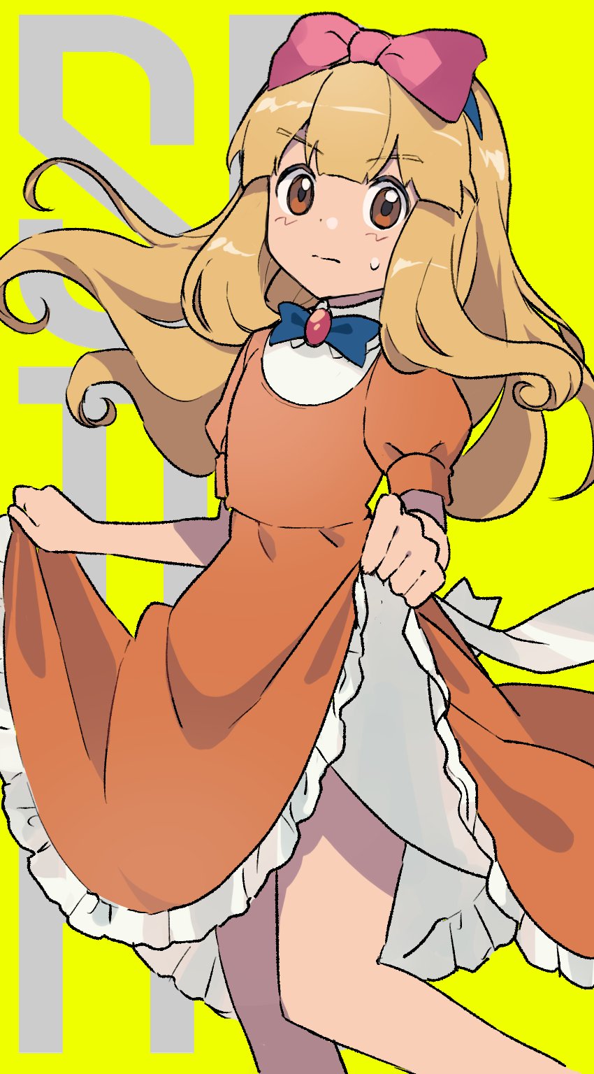 1boy 1paku54 ashley_(pokemon) bangs blonde_hair bow closed_mouth commentary_request crossdressinging dress dress_lift eyebrows_visible_through_hair frills hair_bow highres holding holding_clothes holding_dress lifted_by_self long_hair looking_at_viewer male_focus orange_dress pink_bow pokemon pokemon_(anime) pokemon_(classic_anime) solo sweatdrop