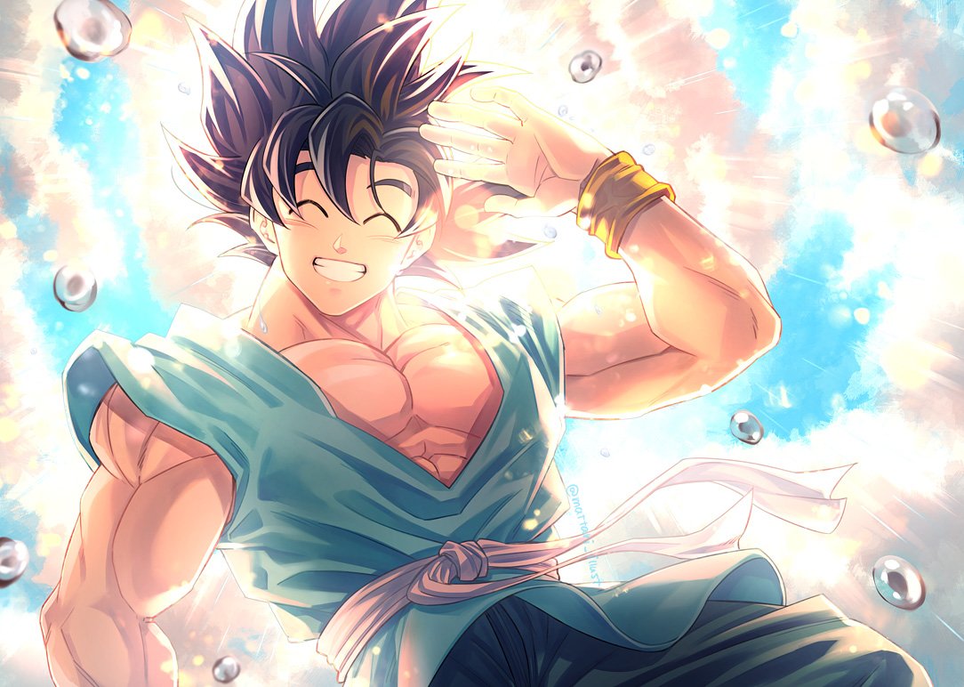 1boy ^_^ abs arm_at_side backlighting black_hair blue_sky blurry bokeh clenched_teeth closed_eyes closed_mouth clouds cloudy_sky commentary_request day depth_of_field dougi dragon_ball dragon_ball_z facing_viewer floating from_below grin hand_up lens_flare light_particles light_rays male_focus mattari_illust messy_hair muscle outdoors pants pectorals sky smile son_gokuu sun sunlight teeth twitter_username water_drop waving wristband