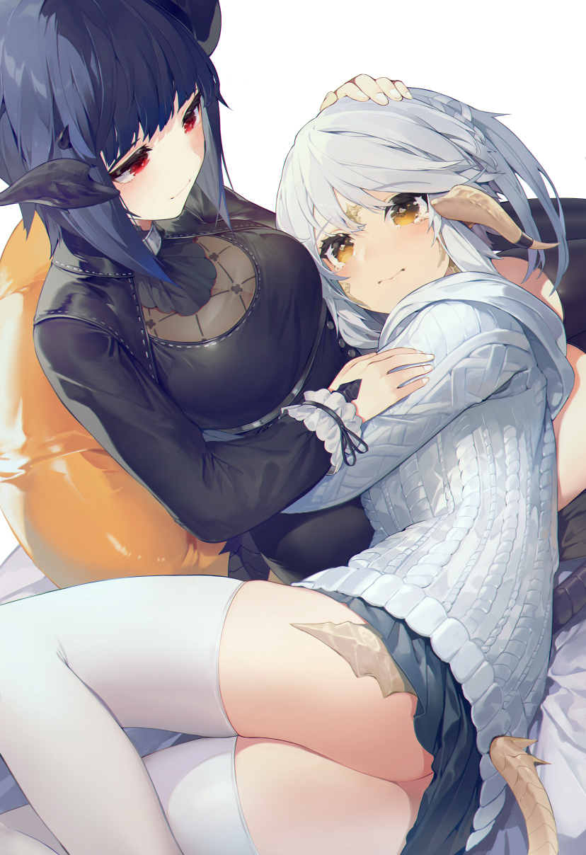 2girls akizone ass au_ra bangs black_hair black_legwear black_ribbon black_skirt blush breasts brown_eyes closed_mouth commentary dragon_tail eyebrows_visible_through_hair feet_out_of_frame final_fantasy final_fantasy_xiv from_above grey_sweater hair_ornament hand_on_another's_head highres hug large_breasts long_sleeves looking_at_another lying multiple_girls on_lap on_side original pillow red_eyes ribbed_sweater ribbon scales short_hair sitting skirt smile sweater tail tearing_up thigh-highs turtleneck white_hair white_legwear yuri