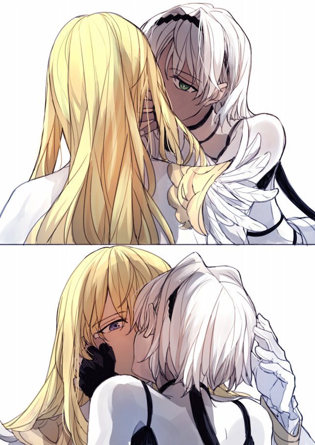 1boy 1girl black_gloves blonde_hair blue_eyes caenis_(fate) dark_skin fate/grand_order fate_(series) fingerless_gloves gloves hand_on_another's_cheek hand_on_another's_face hetero kirschtaria_wodime kiss long_hair multiple_views short_hair simple_background tsengyun violet_eyes white_background white_feathers white_gloves white_hair