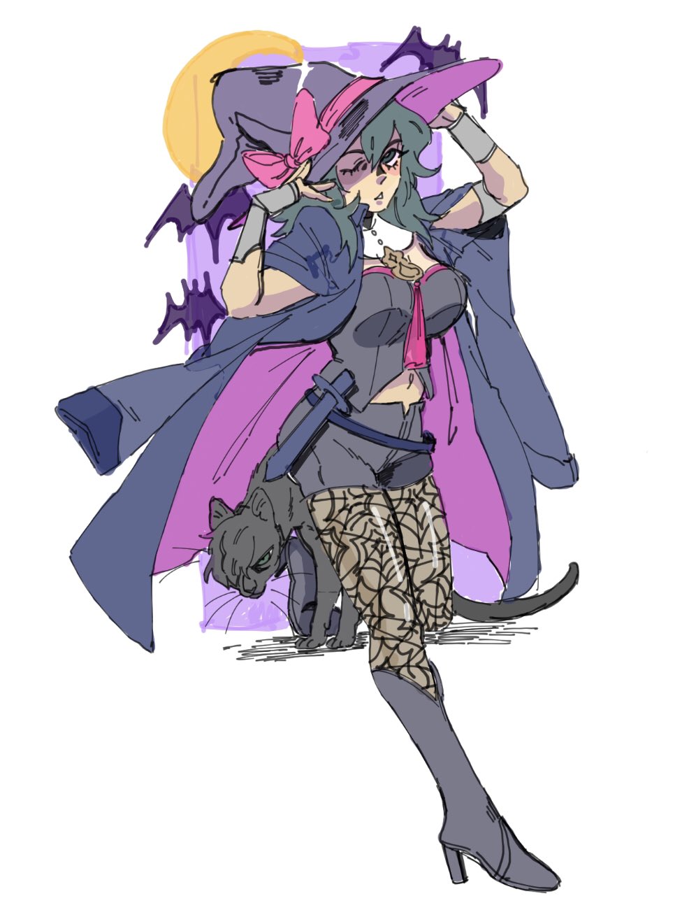 1girl bat black_cat black_shorts blue_eyes blue_hair byleth_(fire_emblem) byleth_eisner_(female) cat clothing_cutout english_commentary fire_emblem fire_emblem:_three_houses full_body ghostmillk halloween halloween_costume hat high_heels highres hubert_von_vestra navel_cutout one_eye_closed pantyhose parted_lips shorts solo witch_hat