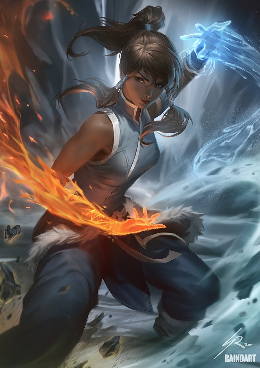 1girl avatar_(series) blurry blurry_background brown_hair dark_skin element_bending fighting_stance fire flaming_hand high_ponytail highres korra looking_at_viewer pelt raikoart rock sleeveless solo standing the_legend_of_korra water wind