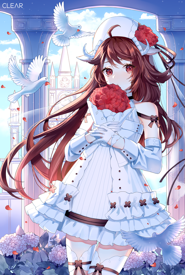 1girl ahoge animal_ears arknights bangs bare_shoulders bird blue_sky bouquet brown_hair clear_regulus clouds commentary cowboy_shot day detached_sleeves dress eyjafjalla_(arknights) flower gloves hat hat_flower horns long_hair looking_at_viewer red_eyes red_flower sheep_ears sheep_horns short_dress sky solo standing symbol_commentary very_long_hair white_dress white_gloves white_headwear