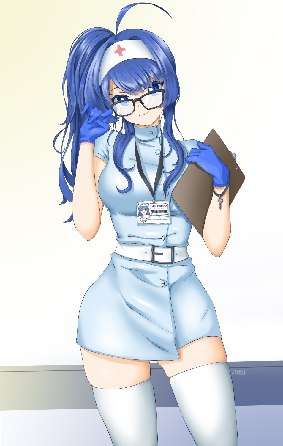 1girl ahoge alternate_hairstyle belt bespectacled black-framed_eyewear blue_eyes blue_gloves bracelet breasts buttons chaesu character_name clipboard contrapposto glasses gloves hairband highres huge_ahoge jewelry key lanyard latex latex_gloves long_hair medium_breasts name_tag nurse orie_(under_night_in-birth) red_cross scrub short_sleeves side_ponytail skindentation solo thigh-highs under_night_in-birth white_hairband white_legwear zettai_ryouiki