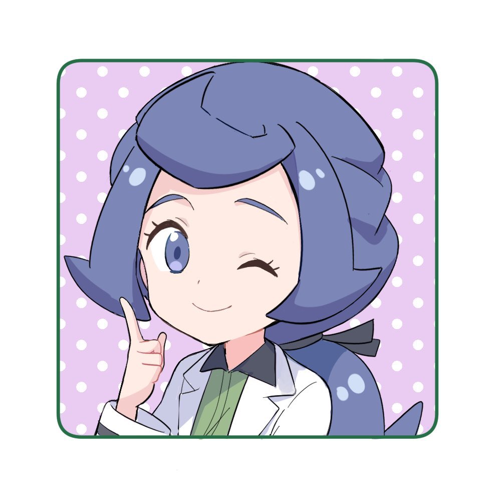 1girl chrysa_(pokemon) closed_mouth collared_shirt commentary_request eyelashes green_shirt hand_up index_finger_raised labcoat long_hair long_sleeves mei_(maysroom) one_eye_closed pokemon pokemon_(anime) pokemon_swsh_(anime) ponytail shirt sideways_glance smile solo tied_hair