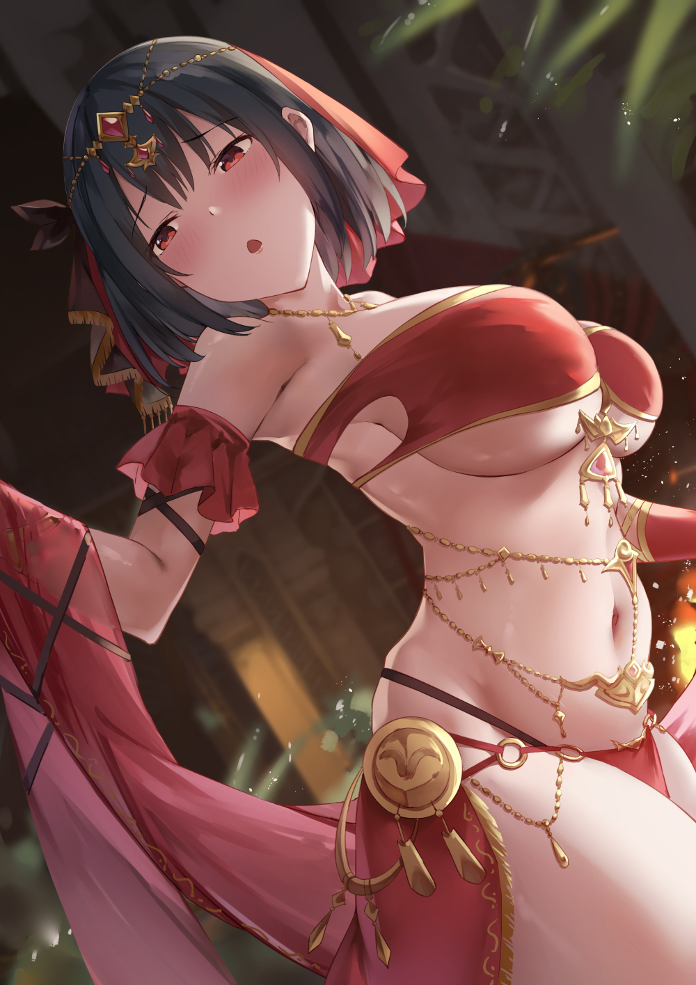 1girl arabian_clothes bangs black_hair blush breasts circlet dancer dark_skin from_side highres jewelry large_breasts looking_at_viewer navel necklace o-ring o-ring_bottom o-ring_top original parted_lips pelvic_curtain red_eyes revealing_clothes shawl short_hair sideboob solo suzuame_yatsumi tan veil