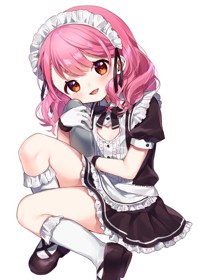 1girl aizono_manami alternate_breast_size apron bangs black_bow black_dress black_footwear blush bow brown_eyes collared_dress dress eyebrows_visible_through_hair frilled_apron frilled_dress frilled_legwear frills gloves head_tilt holding holding_tray knee_up kneehighs long_hair looking_at_viewer maid maid_headdress nijisanji open_mouth pink_hair puffy_short_sleeves puffy_sleeves shoes short_eyebrows short_sleeves simple_background sitting smile thick_eyebrows tray virtual_youtuber waist_apron white_apron white_background white_gloves white_legwear yamabukiiro younger