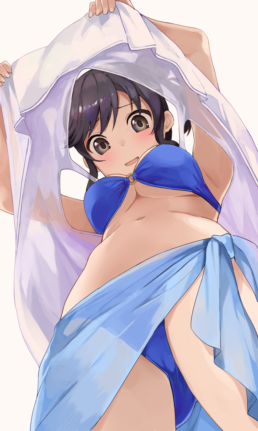 1girl armpits bangs bikini blue_bikini blush breasts brown_eyes brown_hair eyebrows_visible_through_hair fingernails from_below highres hiroki_(yyqw7151) ichijou_hotaru looking_down medium_breasts navel non_non_biyori o-ring o-ring_bikini o-ring_top open_mouth sarong sidelocks solo swimsuit thighs under_boob upshirt