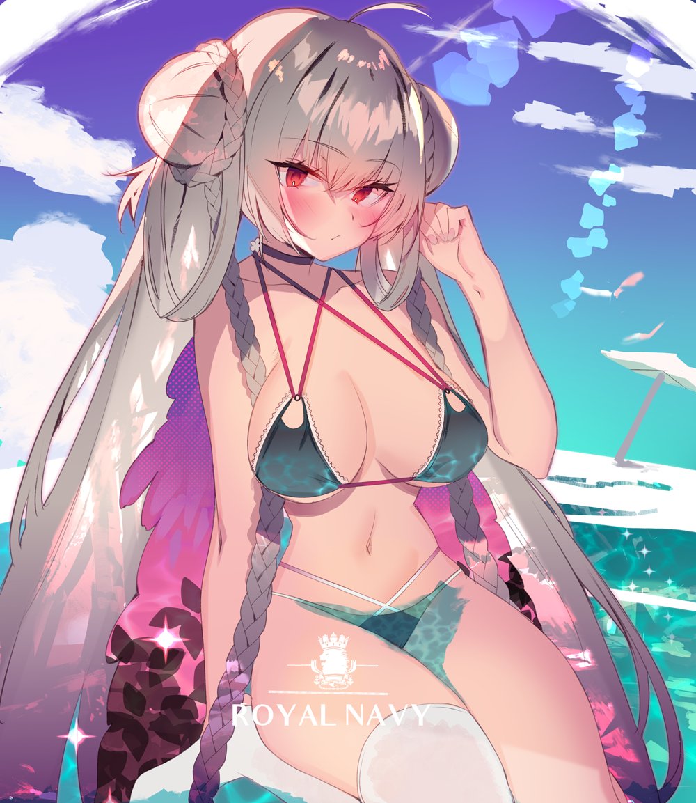 1girl alternate_costume aqua_bikini azur_lane bikini blue_bikini braid braided_bun breasts choker criss-cross_halter double_bun feather_boa formidable_(azur_lane) formidable_(the_lady_of_the_beach)_(azur_lane) grey_hair halterneck large_breasts long_hair multi-strapped_bikini platinum_blonde_hair royal_navy_(emblem) single_thighhigh soukou_makura swimsuit thigh-highs twintails very_long_hair white_legwear