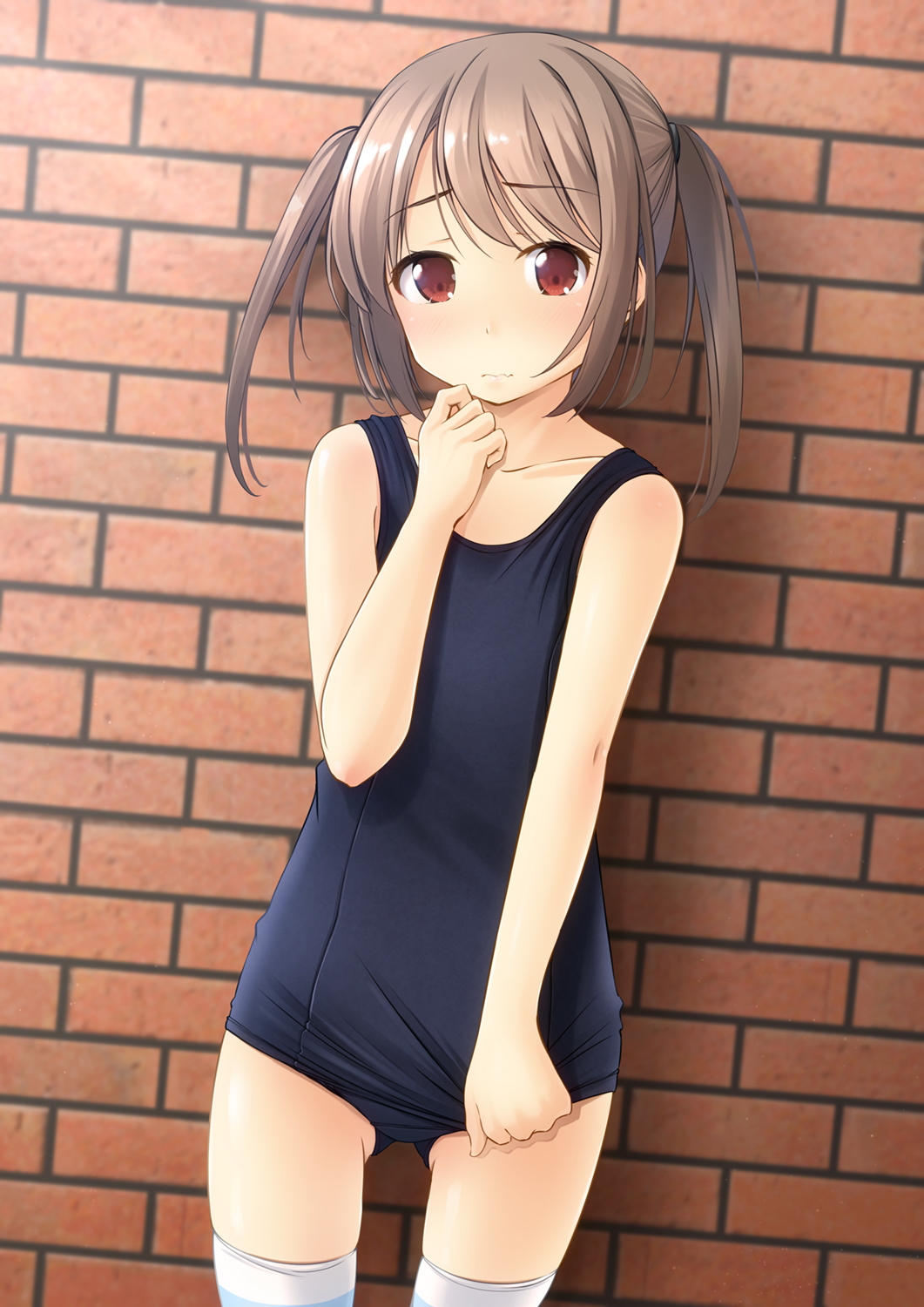 against_wall blindfold blush breasts brown_hair eyebrows_visible_through_hair frown hair_tie highres looking_at_viewer old_school_swimsuit original red_eyes school_swimsuit shibacha short_twintails sidelocks small_breasts striped striped_legwear swimsuit swimsuit_pull thigh-highs thighs twintails
