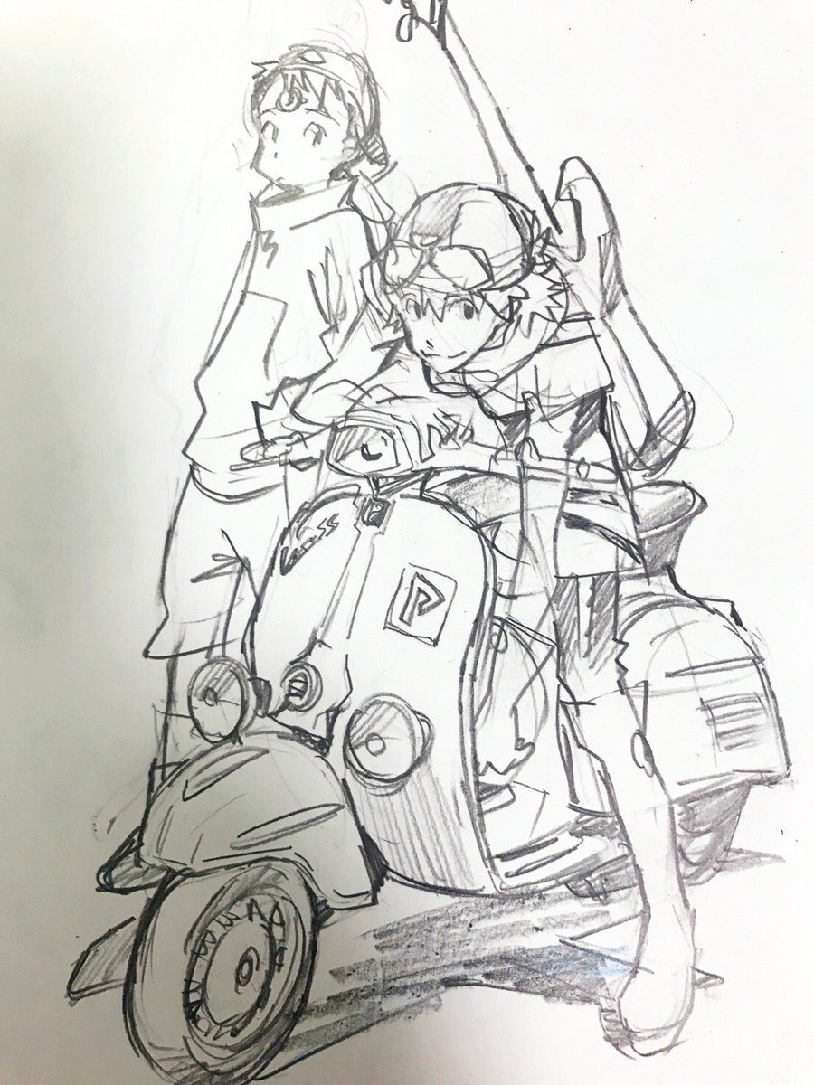 1boy 1girl boat flcl gainax gloves ground_vehicle guitar haruhara_haruko helmet highres instrument motor_vehicle motorcycle motorcycle_helmet nandaba_naota production_ig sadamoto_yoshiyuki scooter sketch standing traditional_media vehicle vespa watercraft