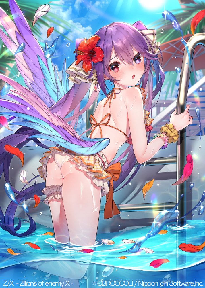 1girl :o ass bangs barefoot blush bracelet clothing_request clouds copyright_name day eyebrows_visible_through_hair feathered_wings flower hair_between_eyes hair_flower hair_ornament heterochromia hibiscus holding jewelry kt._(kaisou-notagui) long_hair looking_at_viewer looking_back multicolored multicolored_wings official_art outdoors parasol petals pool purple_hair red_eyes sky solo swimsuit thighs tree umbrella very_long_hair violet_eyes water wings z/x