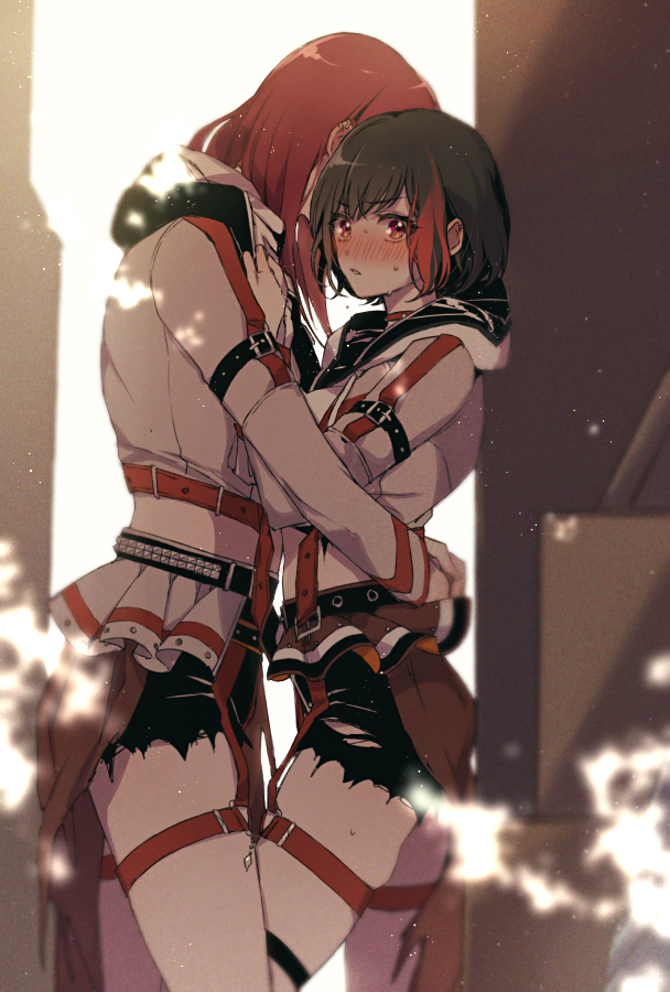 2girls afterglow_(bang_dream!) arm_belt bang_dream! belt belt_buckle black_hair black_legwear blush buckle chino_machiko eyebrows_visible_through_hair eyes_visible_through_hair hood hug jacket long_hair mitake_ran multicolored_hair multiple_girls red_eyes redhead short_hair skirt sweat torn_clothes torn_legwear two-tone_hair udagawa_tomoe white_jacket yuri