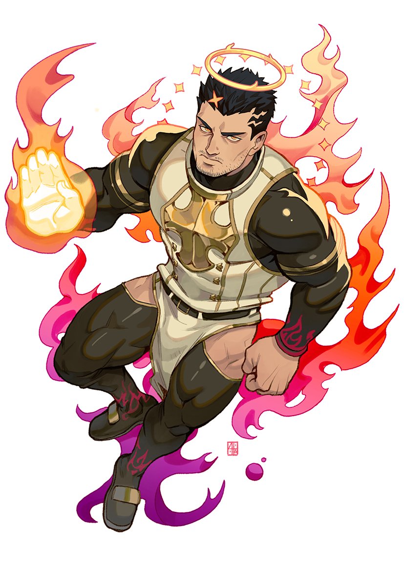 1boy alejandro_tio bara black_bodysuit black_hair bodysuit bulge chest facial_hair fire from_above full_body halo male_focus muscle pelvic_curtain short_hair solo stubble thick_thighs thighs tokyo_houkago_summoners white_background yellow_eyes zabaniya_(tokyo_houkago_summoners)