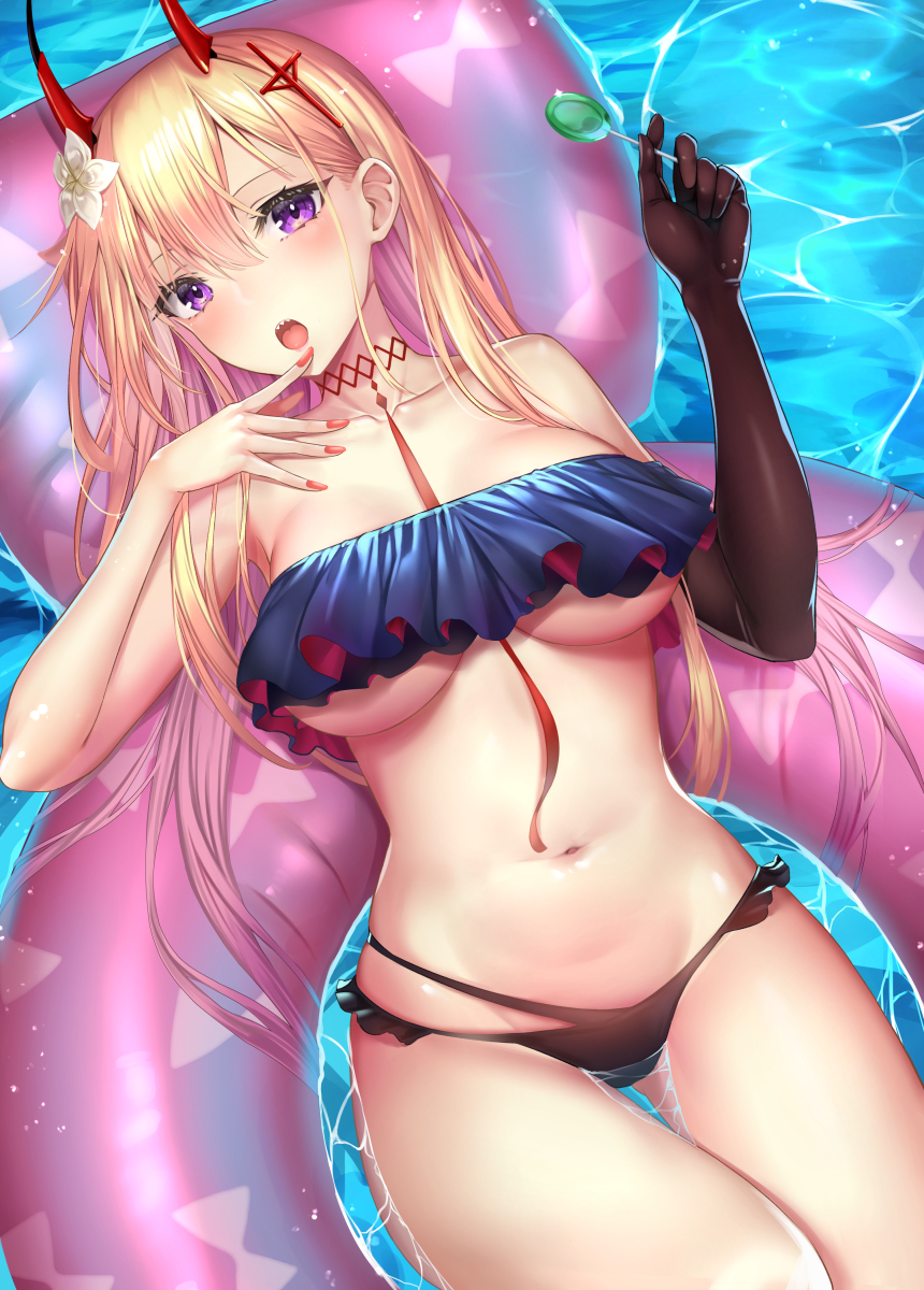 1girl :o azur_lane bare_arms bare_shoulders between_breasts bikini black_bikini black_gloves blonde_hair blue_bikini breasts candy caustics choker collarbone elbow_gloves flower food gloves hair_flower hair_ornament hands_up highres holding horns innertube kumano_(azur_lane) kumano_(fancy_waves)_(azur_lane) large_breasts lollipop long_hair looking_at_viewer mismatched_bikini mizuya_nao nail_polish navel open_mouth red_nails sharp_teeth single_glove solo stomach swimsuit teeth thigh_gap thighs under_boob violet_eyes water