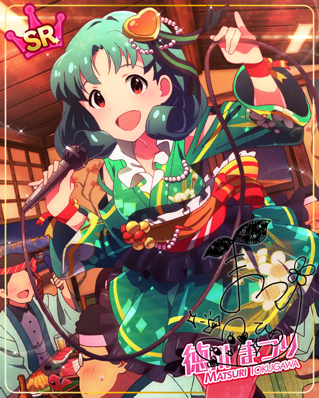 blue_hair blush character_name idolmaster_million_live!_theater_days red_eyes short_hair smile tokugawa_matsuri yukata