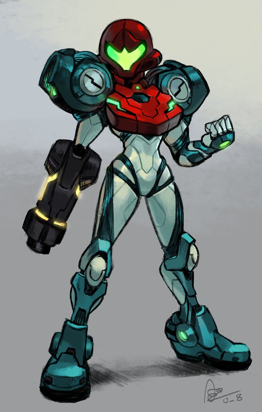 1girl alex_ahad arm_cannon clenched_hand full_body glowing grey_background helmet highres looking_at_viewer metroid metroid_dread power_armor samus_aran solo standing weapon