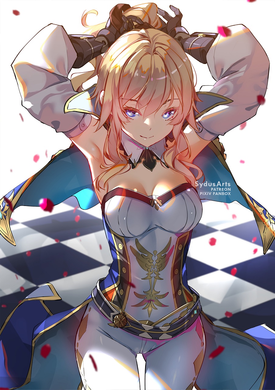 1girl armpits arms_up ass_visible_through_thighs bangs belt blonde_hair blue_eyes blurry blurry_background breasts capelet checkered checkered_floor closed_mouth cowboy_shot detached_sleeves genshin_impact gloves hair_between_eyes high_ponytail highres jean_(genshin_impact) light_smile long_hair looking_at_viewer pants patreon_username petals pixiv_username solo standing sydus white_pants