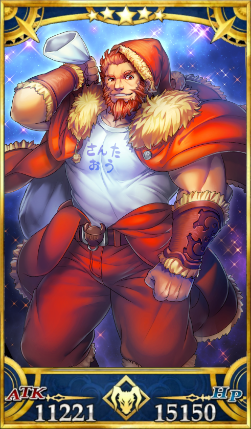 1boy alternate_costume bara beard behind_back bracer bulge chest class_change facial_hair fate/grand_order fate/zero fate_(series) feet_out_of_frame gift_bag hat holding iskandar_(fate) looking_at_viewer male_focus muscle red_eyes redhead santa_costume santa_hat servant_card_(fate/grand_order) shirt short_hair solo thick_thighs thighs trabel white_shirt