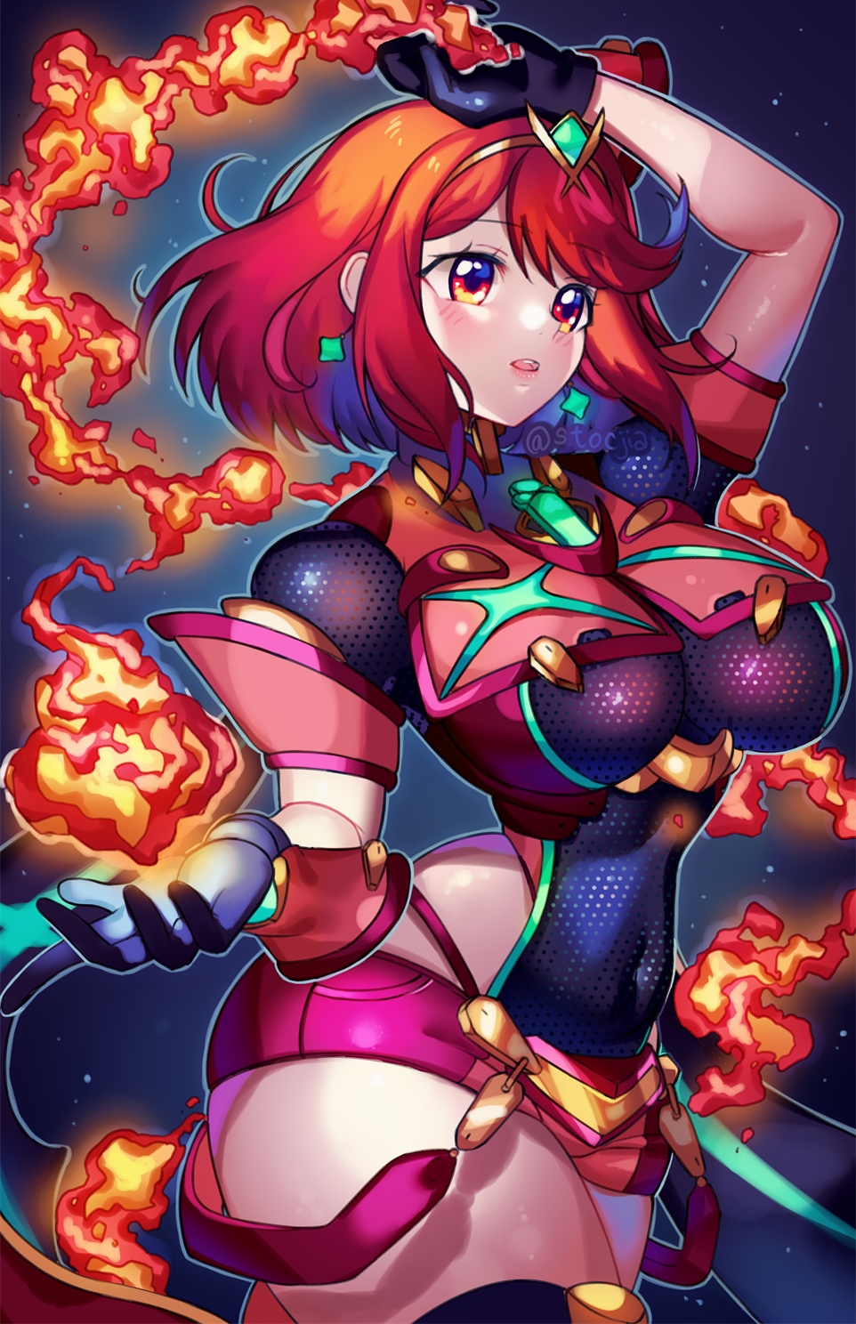 1girl breasts fingerless_gloves fire gloves highres large_breasts pyra_(xenoblade) red_eyes redhead short_hair shorts skindentation thigh-highs thighs watermark xenoblade_chronicles_(series) xenoblade_chronicles_2 yagi_(kyuhyun)
