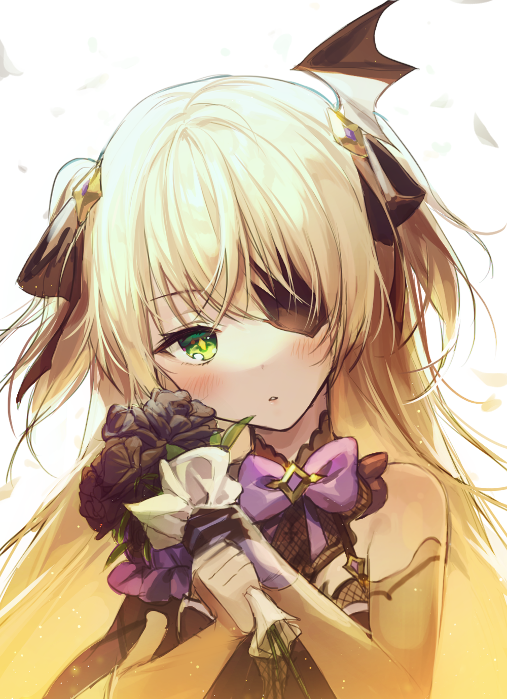 1girl alpha_(ypalpha79) bare_shoulders black_dress blonde_hair blush bow dress eyepatch fischl_(genshin_impact) flower genshin_impact green_eyes hair_ornament half-closed_eye highres looking_at_viewer parted_lips purple_bow sleeveless sleeveless_dress solo twintails upper_body