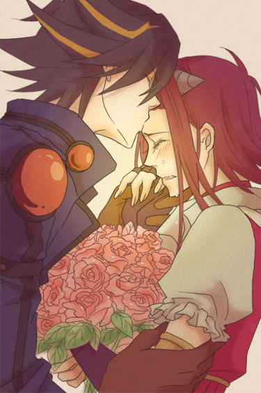 1boy 1girl blush bouquet closed_eyes couple crying flower forehead_kiss fudou_yuusei gloves hair_ornament izayoi_aki jacket kiss multicolored_hair redhead rose sokeri spiky_hair tears two-tone_hair upper_body yu-gi-oh! yu-gi-oh!_5d's