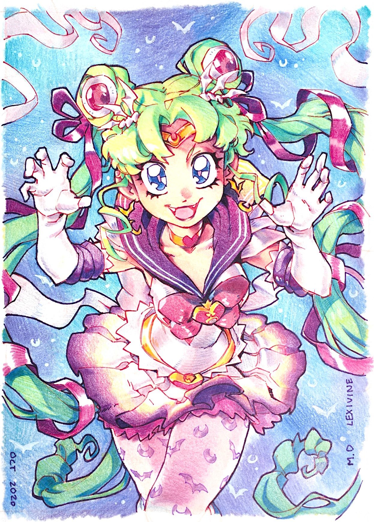 1girl adapted_costume animal_print bangs bat_earrings bat_print bishoujo_senshi_sailor_moon blonde_hair blue_eyes blue_sailor_collar bow choker cowboy_shot crescent crescent_earrings crescent_print diadem earrings elbow_gloves fangs gloves green_hair hands_up heart heart_choker highres jewelry lexivine long_hair looking_at_viewer open_mouth parted_bangs pink_bow print_legwear red_choker sailor_collar sailor_moon sailor_senshi_uniform smile solo tsukino_usagi twintails very_long_hair white_gloves