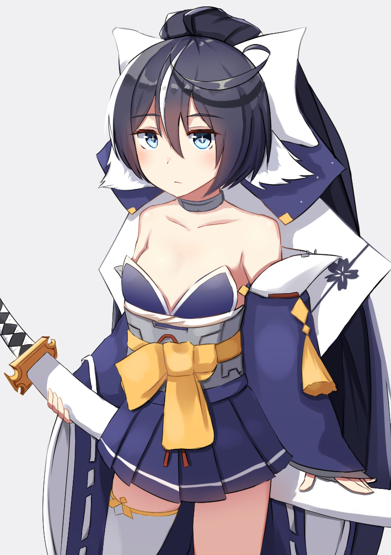 +_+ 1girl ahoge azur_lane bangs bare_shoulders black_hair blue_eyes blush bow choker closed_mouth cowboy_shot detached_sleeves expressionless eyebrows_visible_through_hair fuki_to_takenoko grey_background hair_between_eyes hair_bow holding holding_sword holding_weapon long_hair long_sleeves looking_at_viewer multicolored_hair ponytail simple_background single_thighhigh sleeves_past_wrists solo streaked_hair sword thigh-highs very_long_hair weapon white_legwear wide_sleeves yoizuki_(azur_lane)