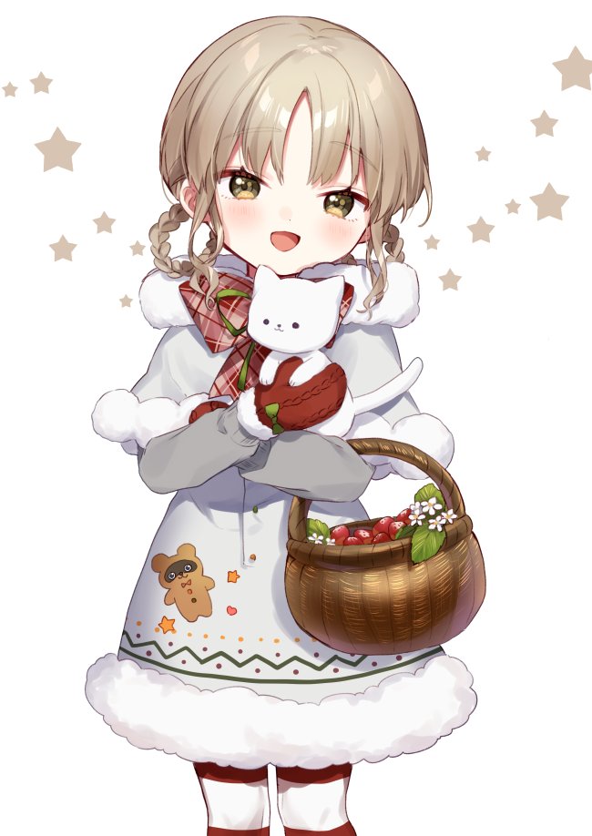 1girl :d animal bangs basket braid brown_eyes brown_hair capelet cat dress eyebrows_visible_through_hair flower food fruit fur-trimmed_capelet fur-trimmed_dress fur_trim grey_capelet grey_dress hair_rings holding holding_animal long_sleeves looking_at_viewer nijisanji open_mouth pantyhose parted_bangs simple_background sister_cleaire smile solo starry_background strawberry strawberry_blossoms striped striped_legwear twin_braids virtual_youtuber white_background white_cat white_flower yamabukiiro
