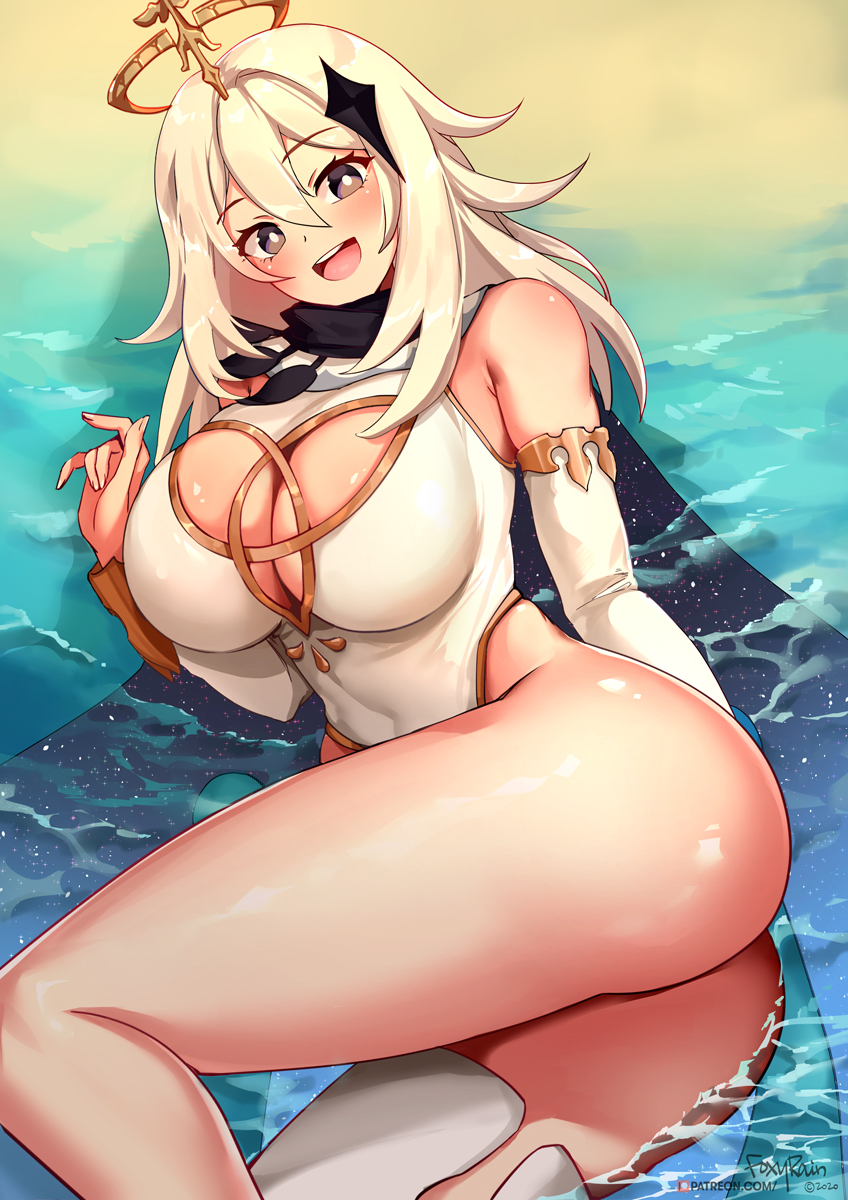 1girl alternate_breast_size bangs bare_shoulders breasts detached_sleeves eyebrows_visible_through_hair foxyrain genshin_impact grey_eyes hair_between_eyes hair_ornament halo highres large_breasts long_hair looking_at_viewer lying older on_side open_mouth paimon_(genshin_impact) patreon_username sand smile solo thighs upper_teeth water watermark web_address
