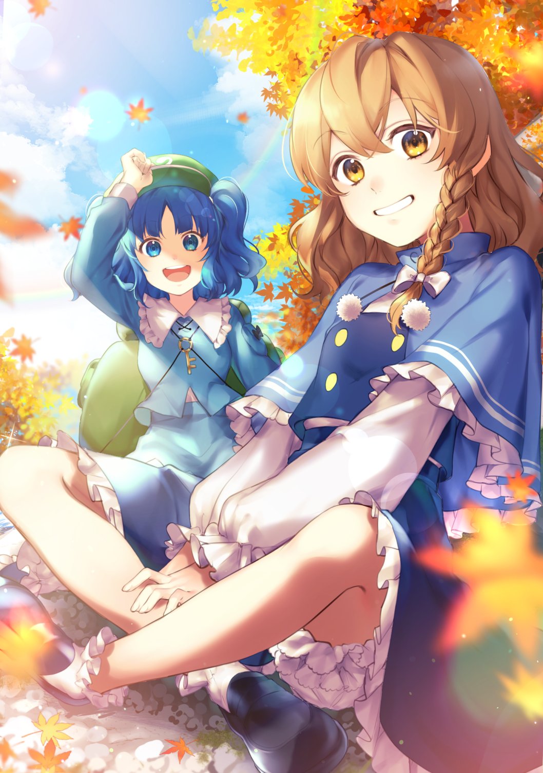 2girls :d adapted_costume alternate_color arm_up autumn_leaves black_footwear blonde_hair bloomers blue_dress blue_eyes blue_hair blue_shirt blue_skirt blurry_foreground bobby_socks bow braid breasts capelet clouds day dress eyebrows_visible_through_hair falling_leaves frilled_shirt_collar frills green_headwear hair_bow hand_on_ankle hand_on_headwear highres indian_style jill_07km kawashiro_nitori key kirisame_marisa leaf lens_flare long_hair long_sleeves looking_at_viewer medium_hair multiple_girls no_headwear open_mouth parted_lips pom_pom_(clothes) rainbow shirt single_braid sitting skirt sky small_breasts smile socks sparkle standing touhou tree two_side_up underwear upper_teeth white_bow yellow_eyes