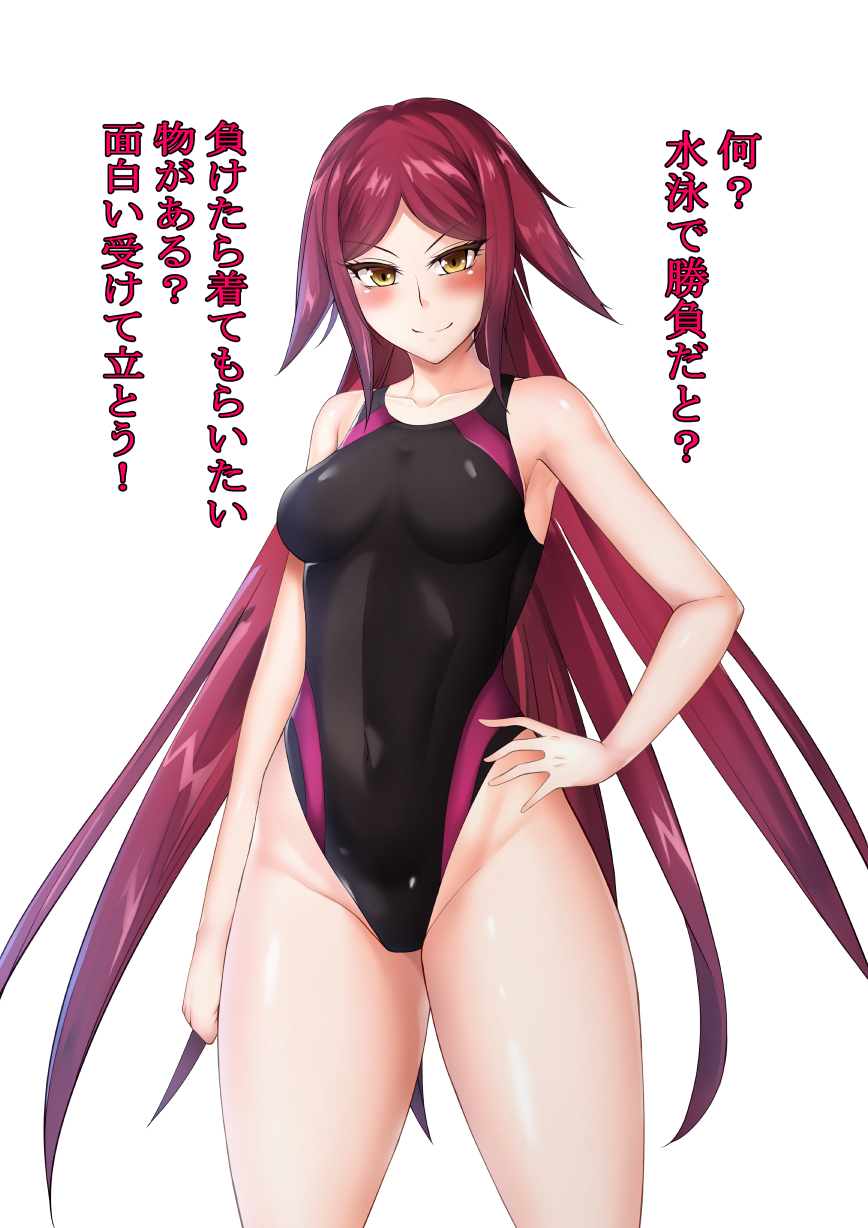 1girl action_taimanin bangs bare_shoulders black_swimsuit blush breasts closed_mouth collarbone competition_swimsuit covered_navel cowboy_shot hand_on_hip highleg highleg_swimsuit highres lc_7v2 long_hair looking_at_viewer medium_breasts one-piece_swimsuit parted_bangs redhead shiny shiny_hair shiny_skin smile solo standing su_jinlei swimsuit taimanin_(series) taimanin_asagi thighs translation_request yellow_eyes