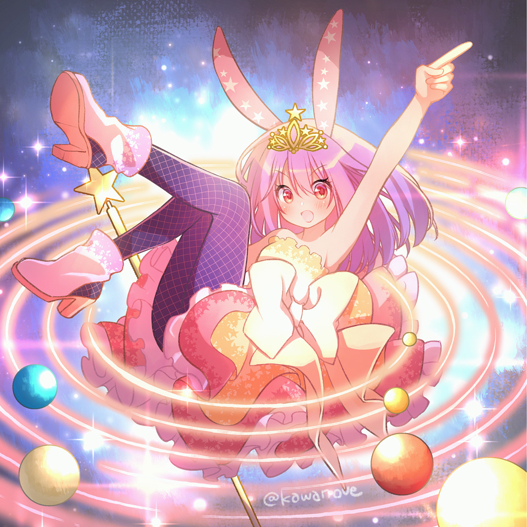 1girl :o animal_ears arm_up artist_name blush bow fishnet_legwear fishnets idol kawanobe original pink_footwear pink_hair pointing rabbit_ears red_eyes sitting solar_system tiara