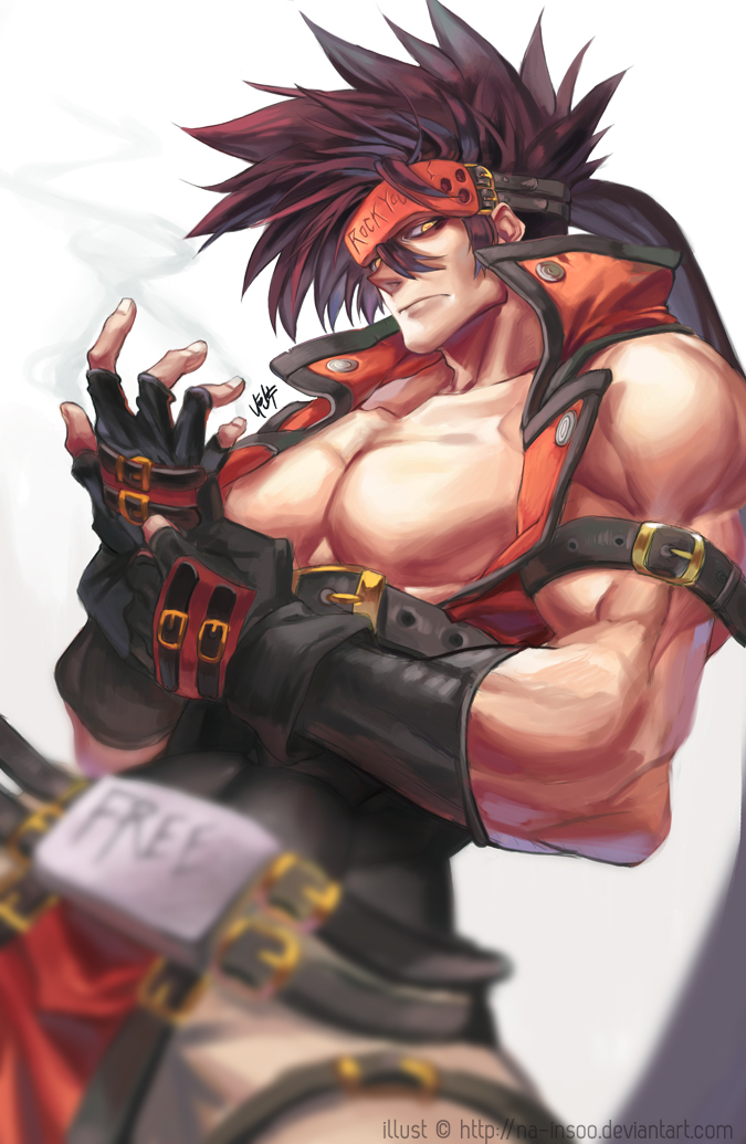 1boy adjusting_clothes adjusting_gloves bara bare_shoulders belt_buckle blurry_foreground brown_hair buckle chest covered_abs fingerless_gloves gloves guilty_gear harness headgear long_hair male_focus muscle na_insoo pelvic_curtain ponytail shiny shiny_skin simple_background sleeveless sol_badguy solo spiky_hair thighs tight yellow_eyes