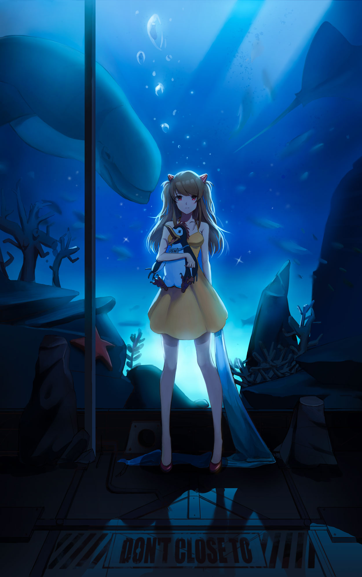 1girl aquarium bangs bird brown_hair carrying closed_mouth collarbone dress fish full_body headgear highres holding indoors long_hair looking_at_viewer neon_genesis_evangelion penguin penpen red_eyes red_footwear shiny shiny_hair short_dress sleeveless sleeveless_dress snowy1moon solo souryuu_asuka_langley standing yellow_dress