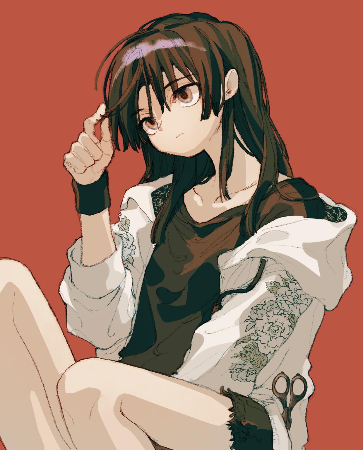 1girl black_hair black_shorts closed_mouth grey_jacket hair_twirling highres hood hooded_jacket jacket ka_(marukogedago) long_hair open_clothes open_jacket original red_background scissors shorts simple_background sitting solo wristband