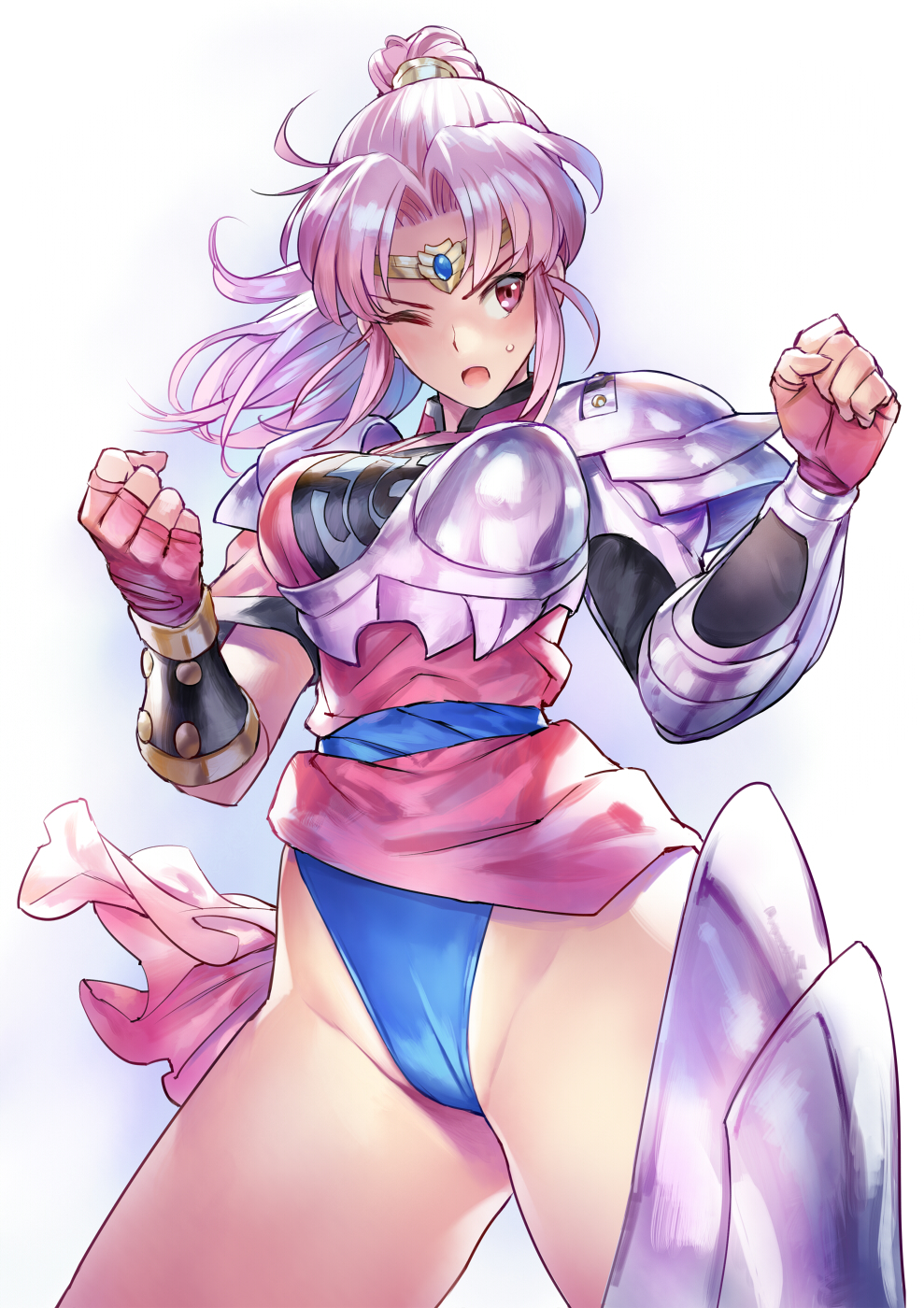1girl armor bangs blue_leotard breasts clenched_hands dragon_quest dragon_quest_dai_no_daibouken fingerless_gloves gloves highres large_breasts leotard leotard_under_clothes looking_to_the_side maam matsuda_(matsukichi) one_eye_closed pink_hair solo tied_hair