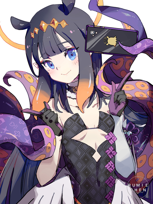 1girl animal_ears bangs black_dress black_hair blue_eyes blush breasts brown_hair cellphone closed_mouth collarbone commentary_request covered_navel dress eyebrows_visible_through_hair gradient_hair halo hands_up hololive hololive_english index_fingers_raised long_hair looking_at_viewer low_wings multicolored_hair ninomae_ina'nis phone shadowsinking simple_background small_breasts smile solo strapless strapless_dress tentacles very_long_hair virtual_youtuber white_background white_wings wings