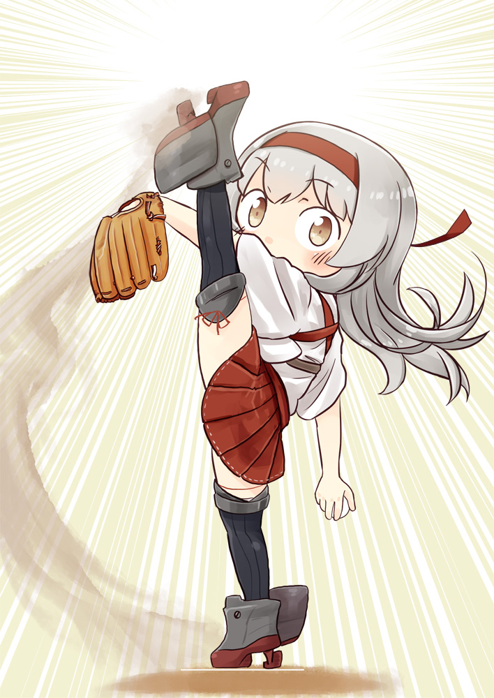 1girl baseball_mitt hairband headband hinata_yuu japanese_clothes kantai_collection leg_up long_hair looking_at_viewer pitching rudder_footwear shoukaku_(kantai_collection) silver_hair solo split standing standing_on_one_leg standing_split white_hair