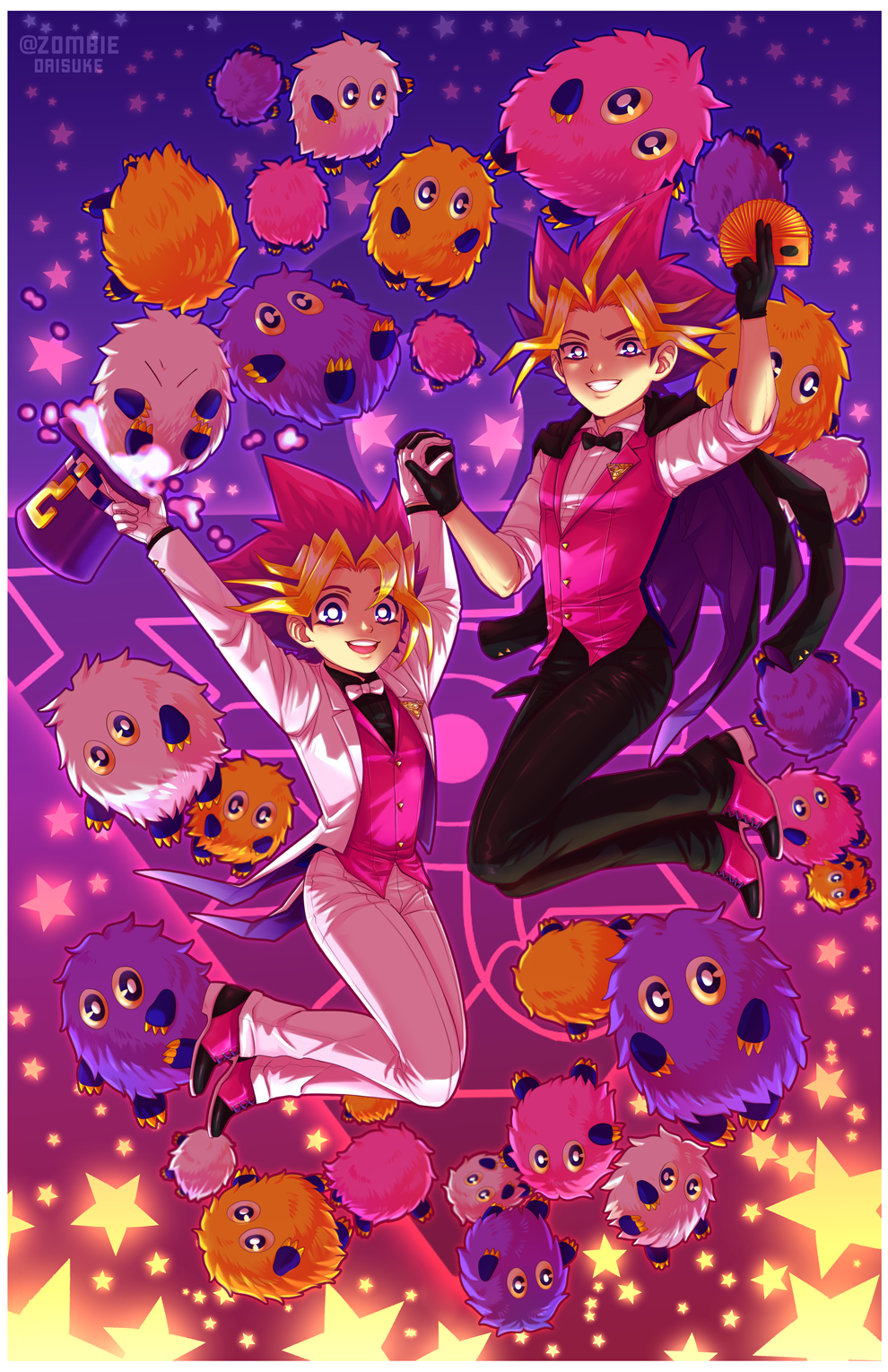 2boys artist_name black_gloves blonde_hair bow bowtie card gloves grin hat highres holding holding_card holding_hands interlocked_fingers jacket jacket_on_shoulders kuriboh magician male_focus multicolored_hair multiple_boys mutou_yuugi open_mouth playing_card purple_hair smile star_(symbol) top_hat tuxedo vest violet_eyes yami_yuugi yu-gi-oh! zombiedaisuke