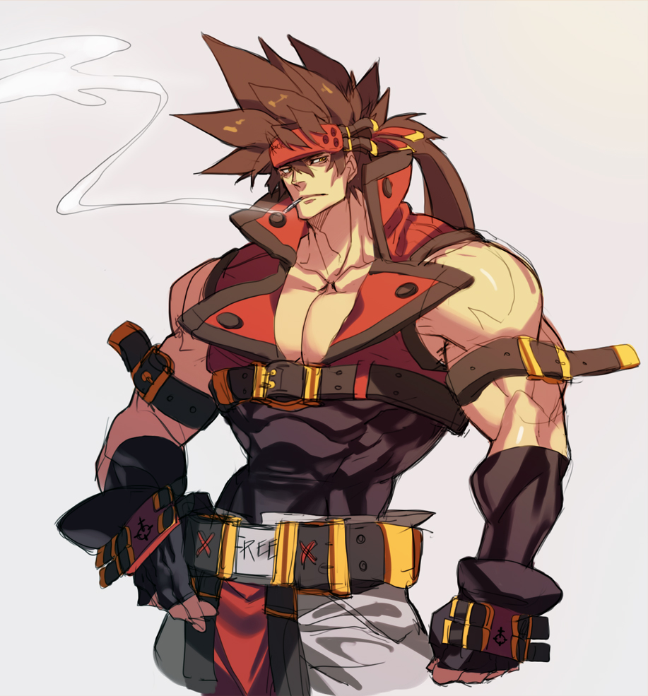 1boy bara bare_shoulders belt_buckle brown_hair buckle chest cigarette covered_abs cowboy_shot fingerless_gloves gloves guilty_gear harness headgear long_hair male_focus muscle na_insoo open_clothes pelvic_curtain ponytail shiny shiny_skin simple_background sketch sleeveless smoking sol_badguy solo spiky_hair tight yellow_eyes