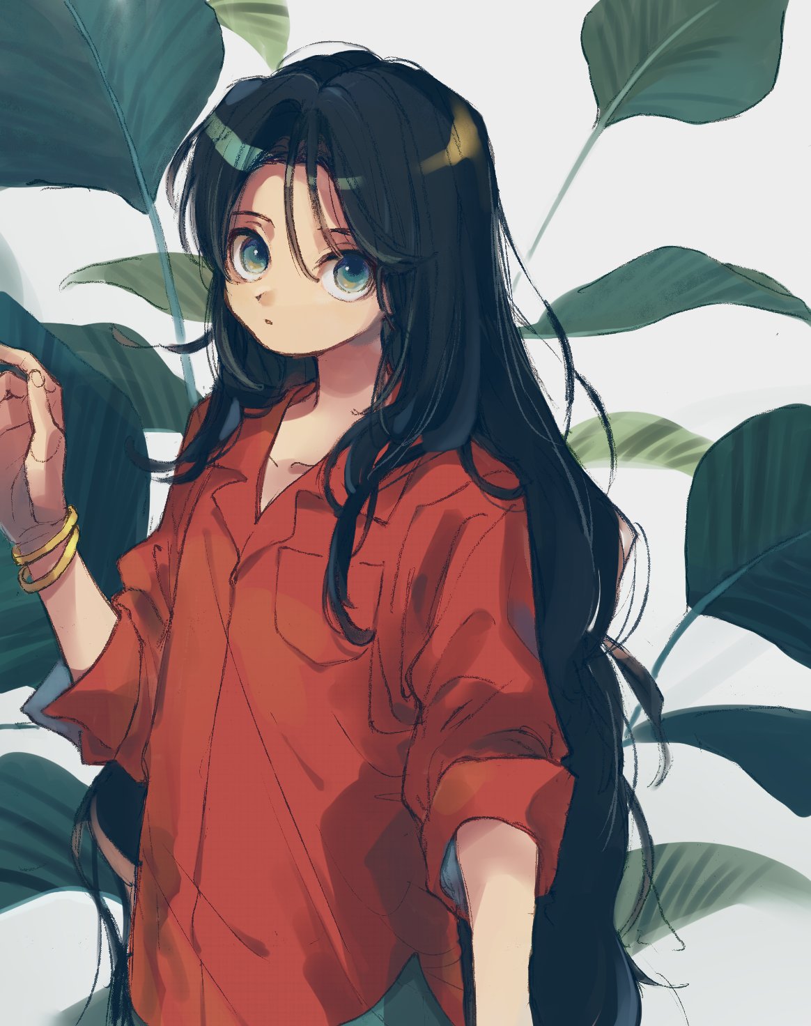 1girl black_hair bracelet breast_pocket fingernails green_eyes hand_up highres jewelry ka_(marukogedago) long_hair looking_at_viewer original parted_lips pocket red_shirt shirt solo upper_body very_long_hair