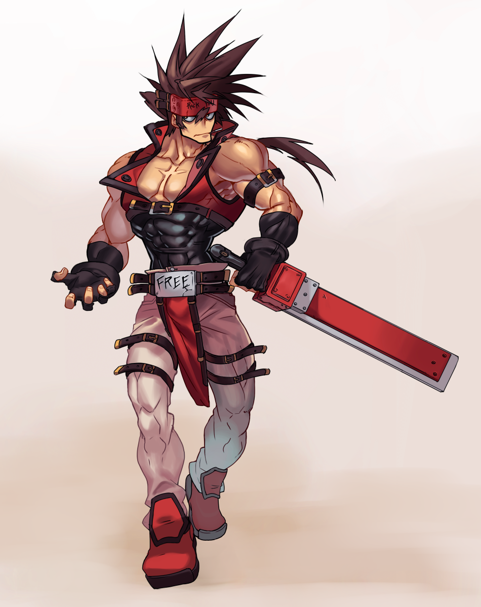 1boy bara bare_shoulders belt_buckle brown_hair buckle chest covered_abs fingerless_gloves full_body gloves guilty_gear harness headgear holding holding_weapon long_hair male_focus muscle na_insoo open_clothes pelvic_curtain ponytail shiny shiny_skin shoes simple_background sleeveless sol_badguy solo spiky_hair standing thighs tight weapon yellow_eyes