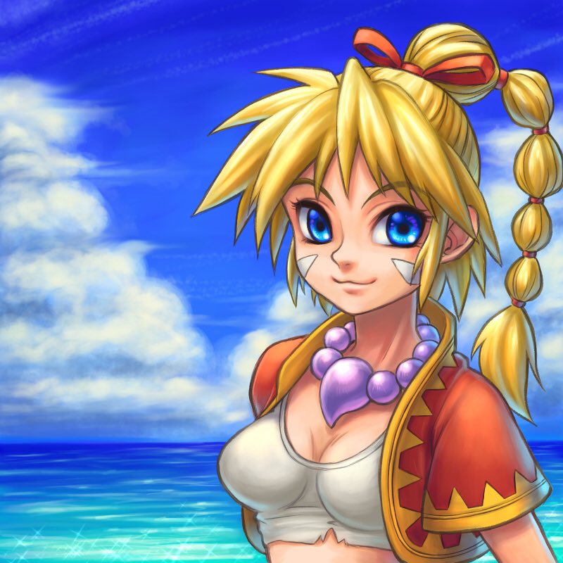 1girl bandages blonde_hair blue_eyes breasts chrono_cross closed_mouth facial_mark high_ponytail jewelry kid_(chrono_cross) long_hair looking_at_viewer midriff multi-tied_hair necklace ponytail smile solo vest zohar0330