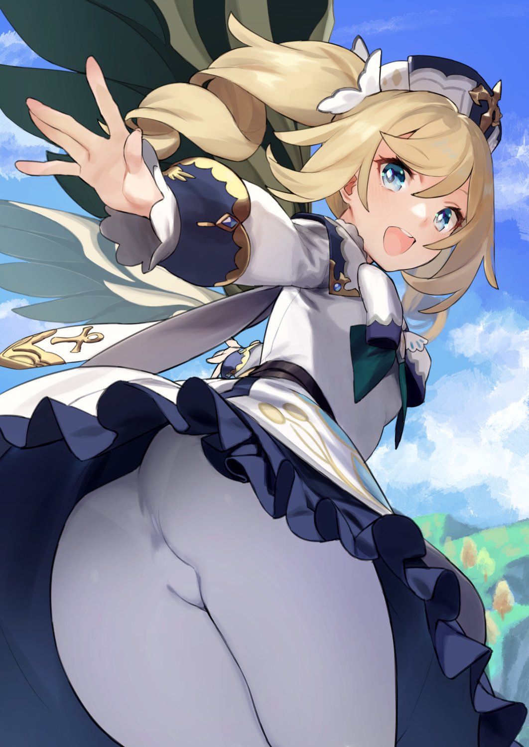 1girl 92m ass bangs barbara_(genshin_impact) belt blonde_hair blue_eyes blue_sky blush breasts dress drill_hair genshin_impact highres long_hair long_sleeves looking_at_viewer looking_back open_mouth pants priestess sky small_breasts smile thighs twin_drills twintails white_dress white_headwear white_pants white_sleeves