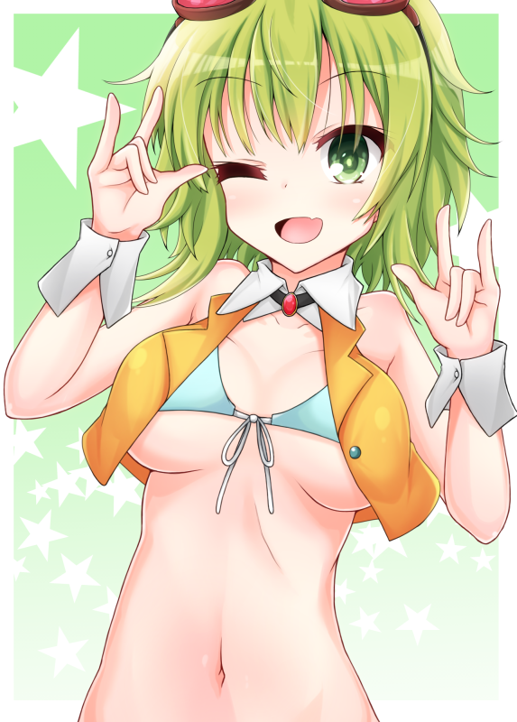1girl ;d aatsu bare_shoulders blush bra breasts collared_jacket crop_top fang goggles goggles_on_head green_eyes green_hair gumi hands_up happy jacket medium_breasts medium_hair midriff navel one_eye_closed open_mouth orange_jacket smile solo starry_background under_boob underwear upper_body vocaloid w w_over_eye wrist_cuffs