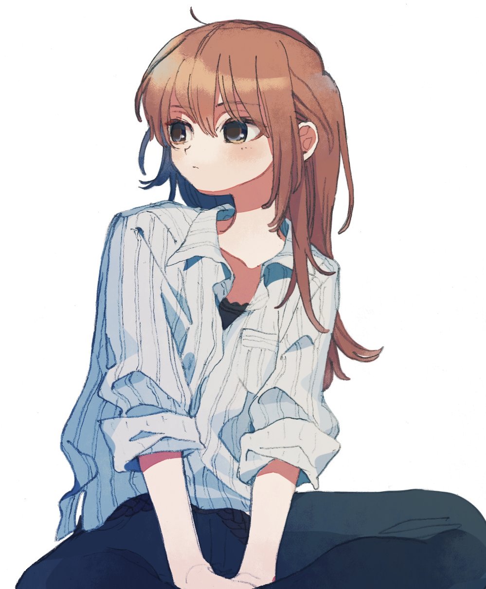 1girl between_legs brown_eyes brown_hair closed_mouth collared_shirt grey_shirt hand_between_legs highres indian_style ka_(marukogedago) long_hair original pants shirt simple_background sitting solo striped striped_shirt vertical-striped_shirt vertical_stripes white_background wing_collar