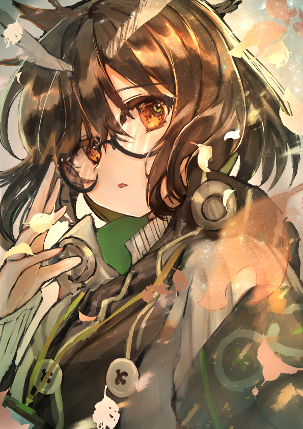 1girl adjusting_eyewear arknights armband artist_request bangs black_hair brown_eyes buttons feather_hair glasses jacket leaf long_sleeves parted_lips portrait short_hair silence_(arknights) solo